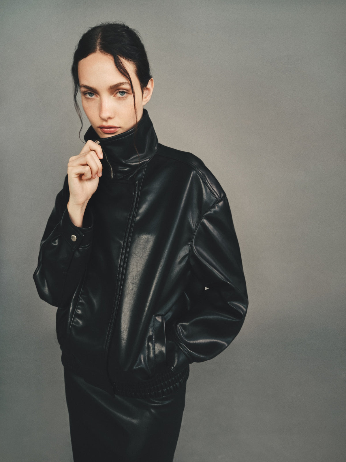 Funnel Neck Leather Jacket | Black