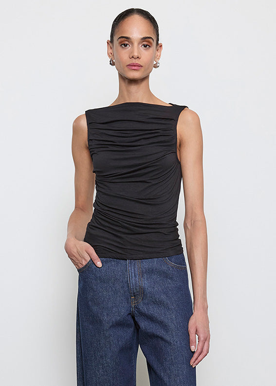Fluid Jersey Sleeveless Draped Boatneck | Black