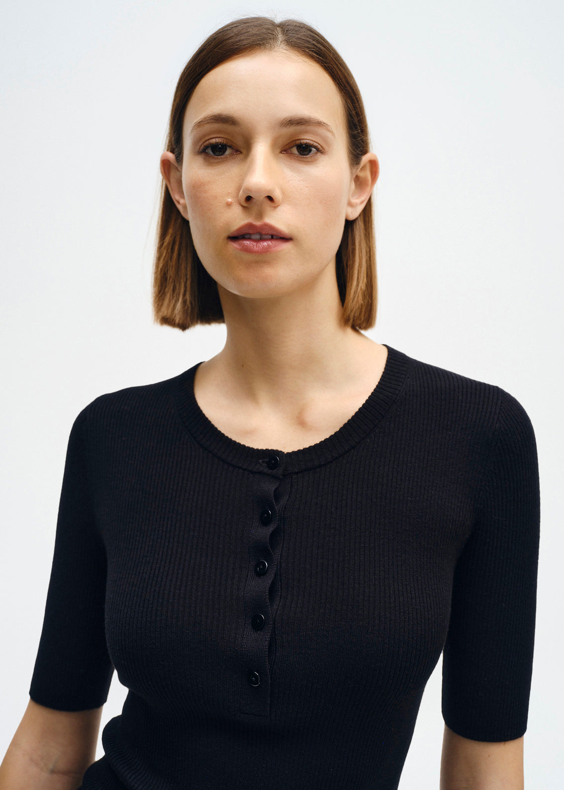 Silk Sweater Rib Half Sleeve Henley | Black