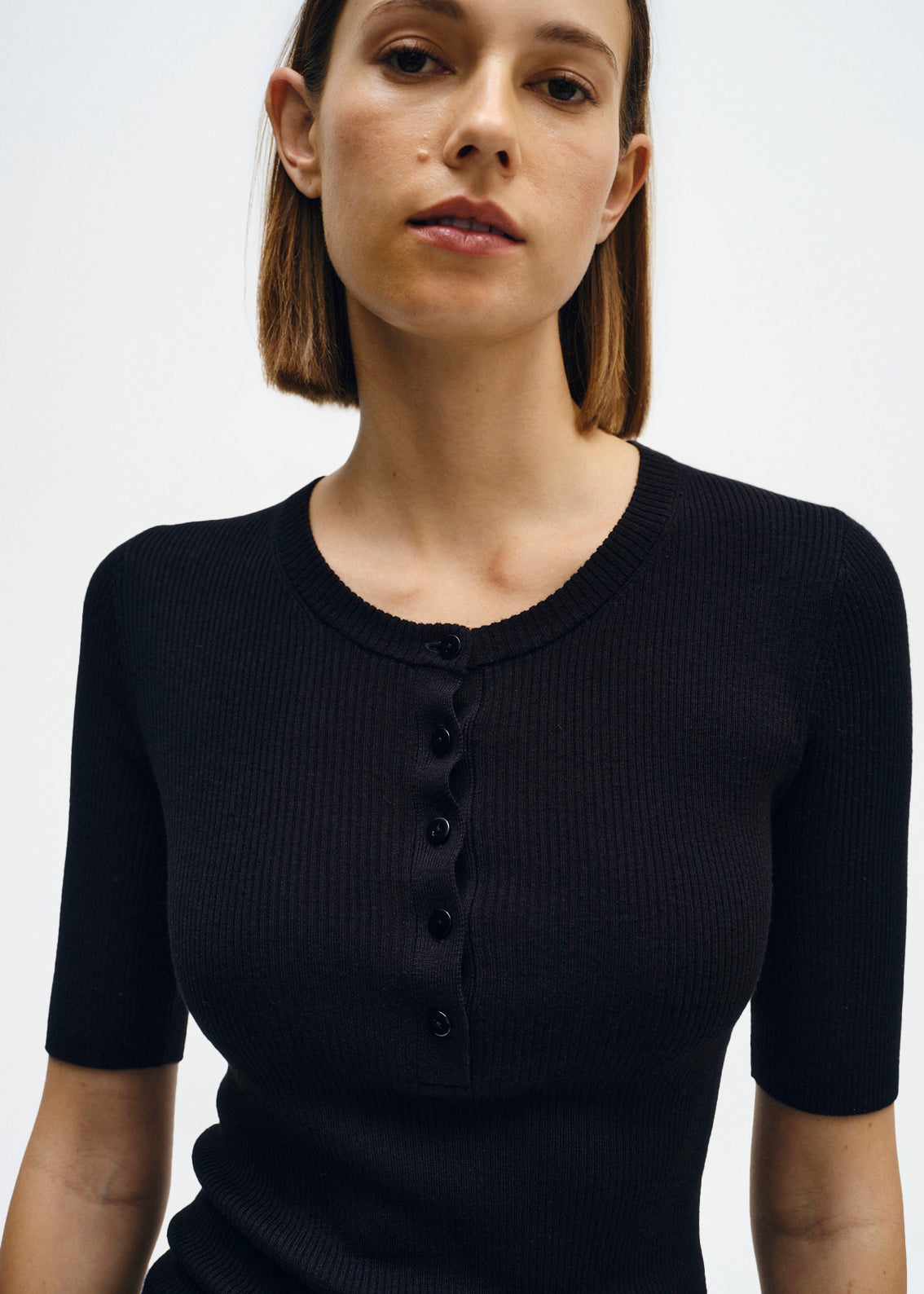 Silk Sweater Knit Half Sleeve Henley | Black