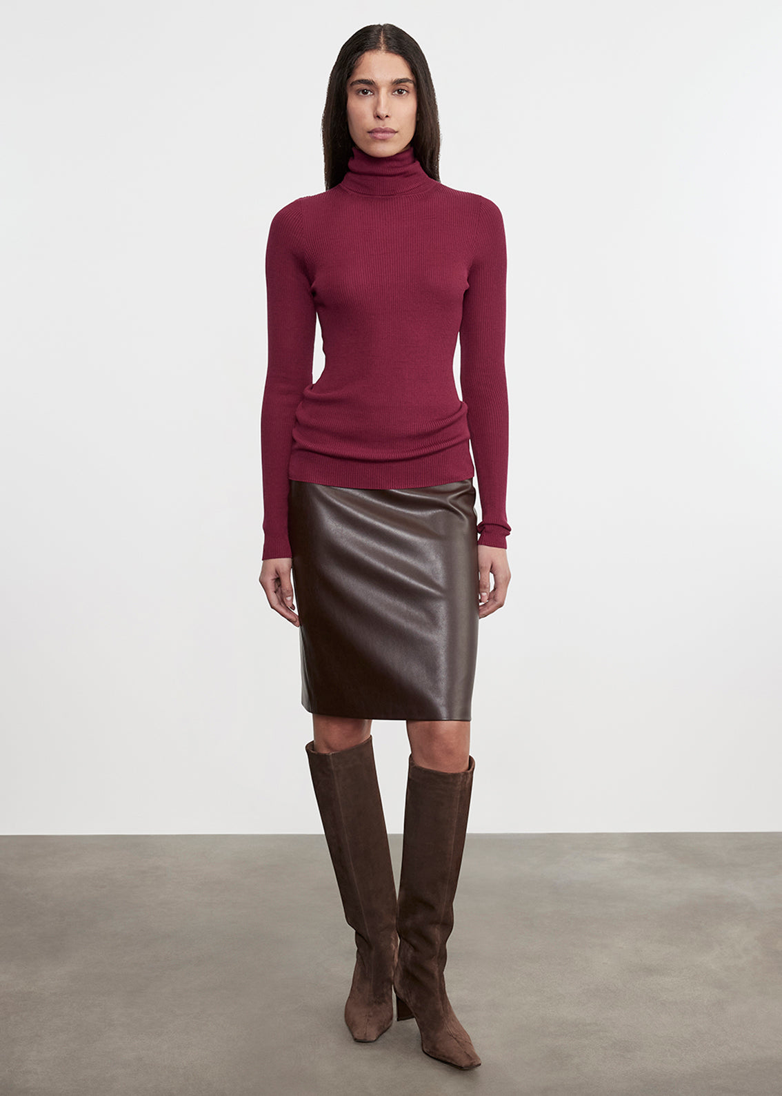 Knee Length Leather Skirt | Dark Brown