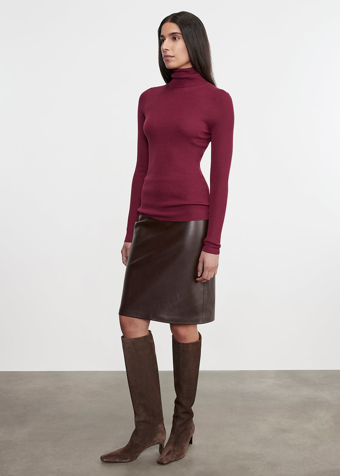 Knee Length Leather Skirt | Dark Brown