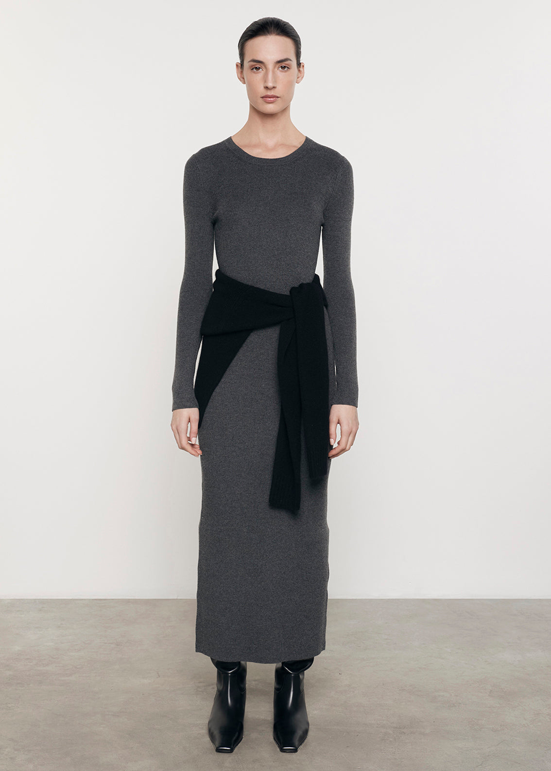 Silk Sweater Knit Crew Dress | Heather Charcoal