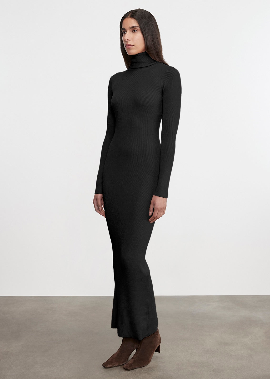 Silk Sweater Rib Ankle Turtleneck Dress | Black