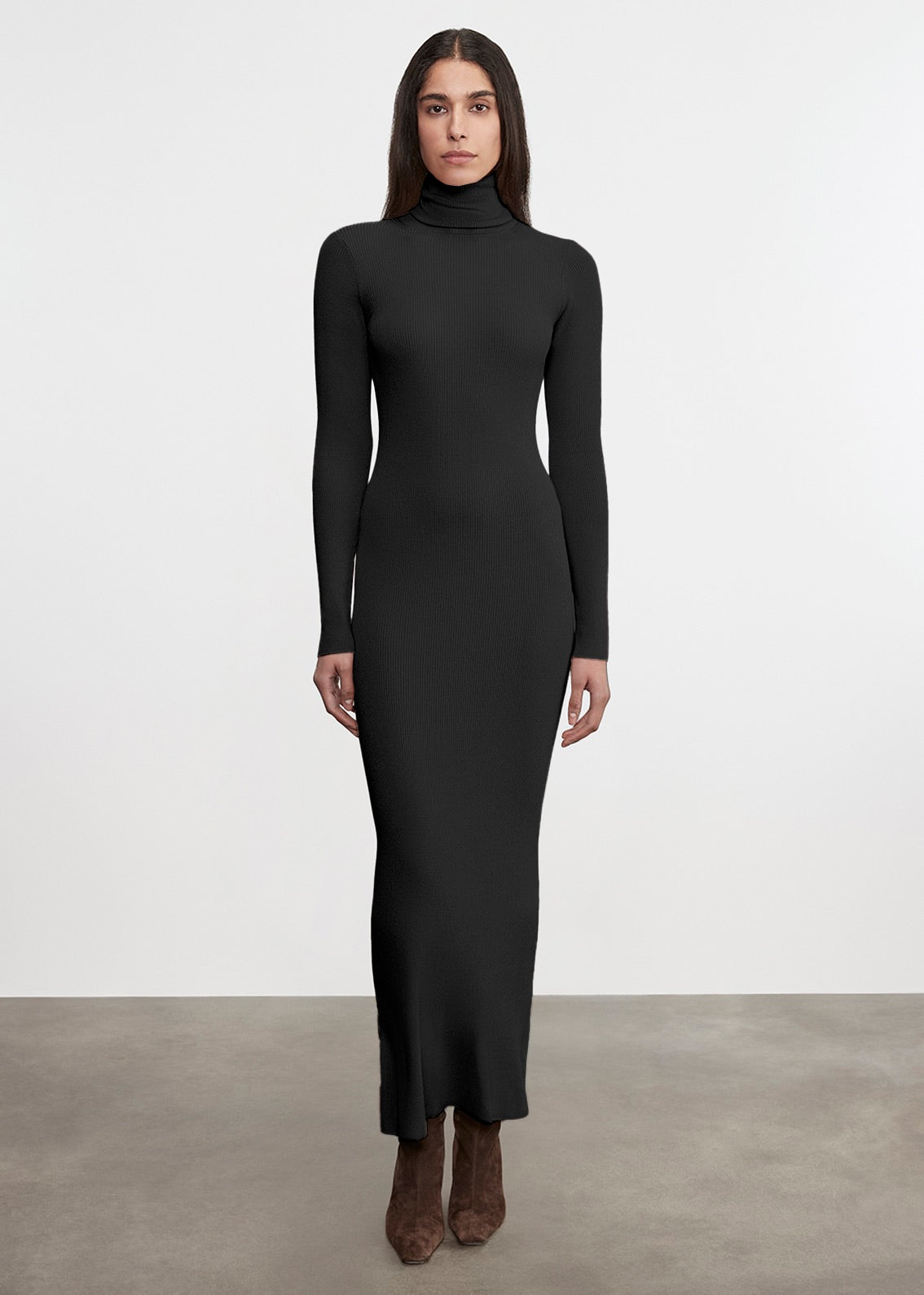 Silk Sweater Rib Ankle Turtleneck Dress | Black