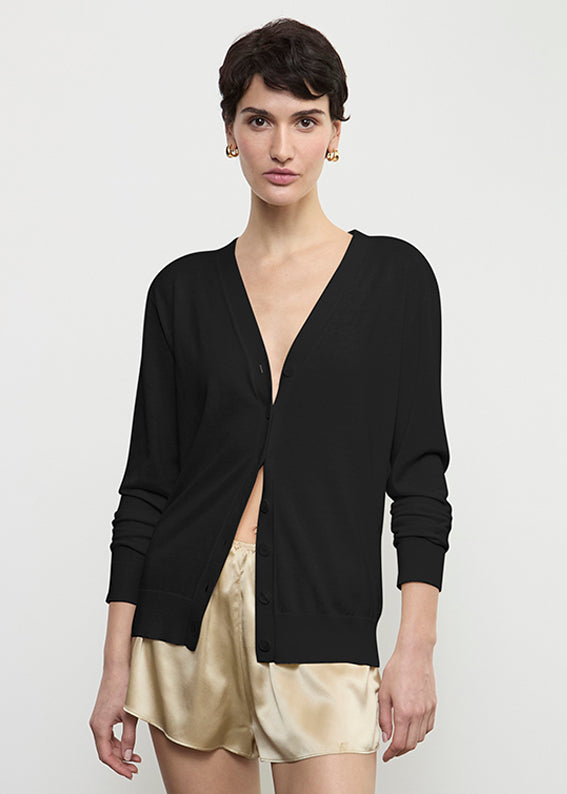 Silk Knit V-Neck Cardigan | Black