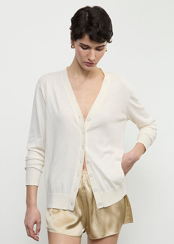 Silk Knit V-Neck Cardigan | Off White
