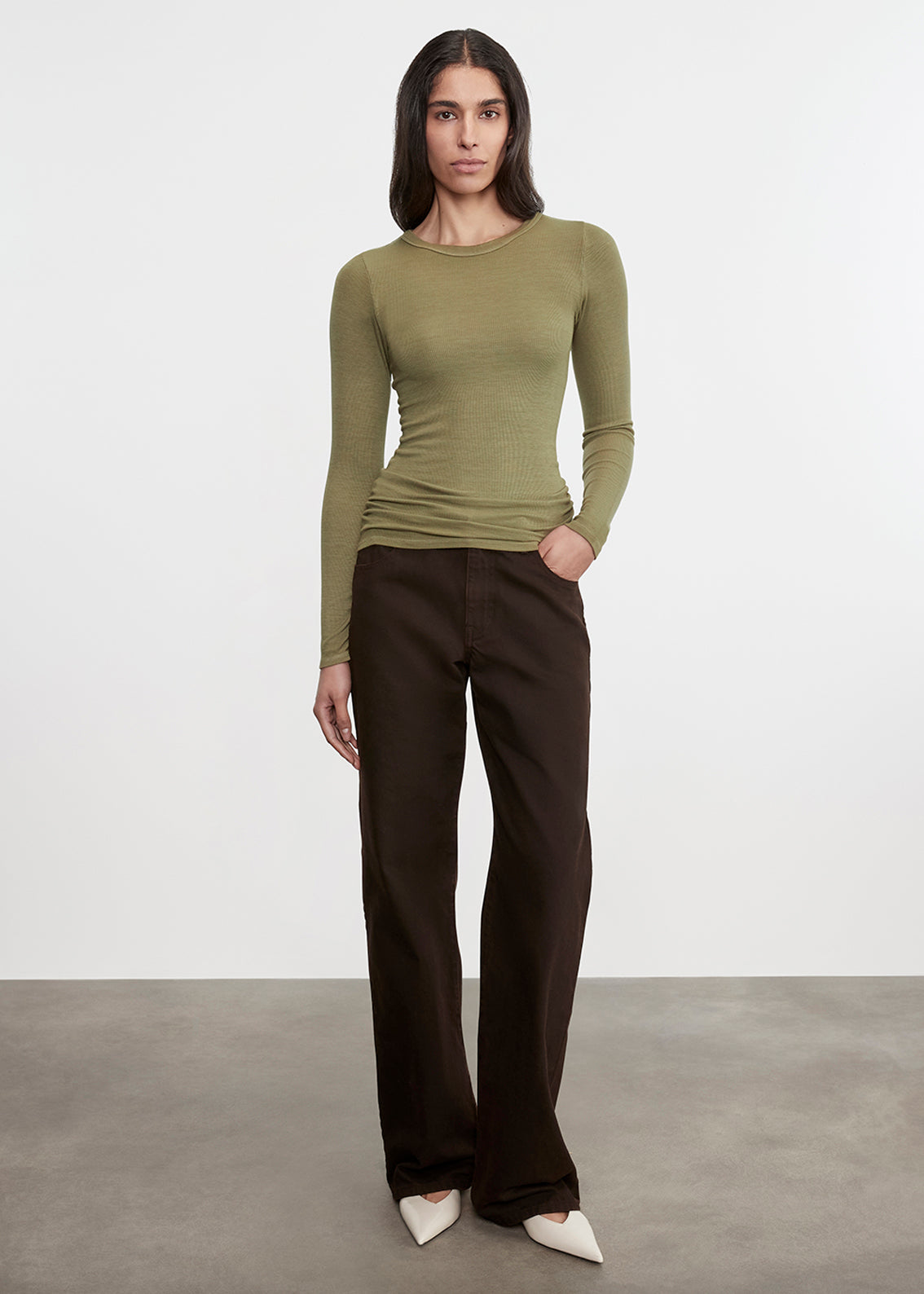 Silk Rib L/S Crew | Olive Stone