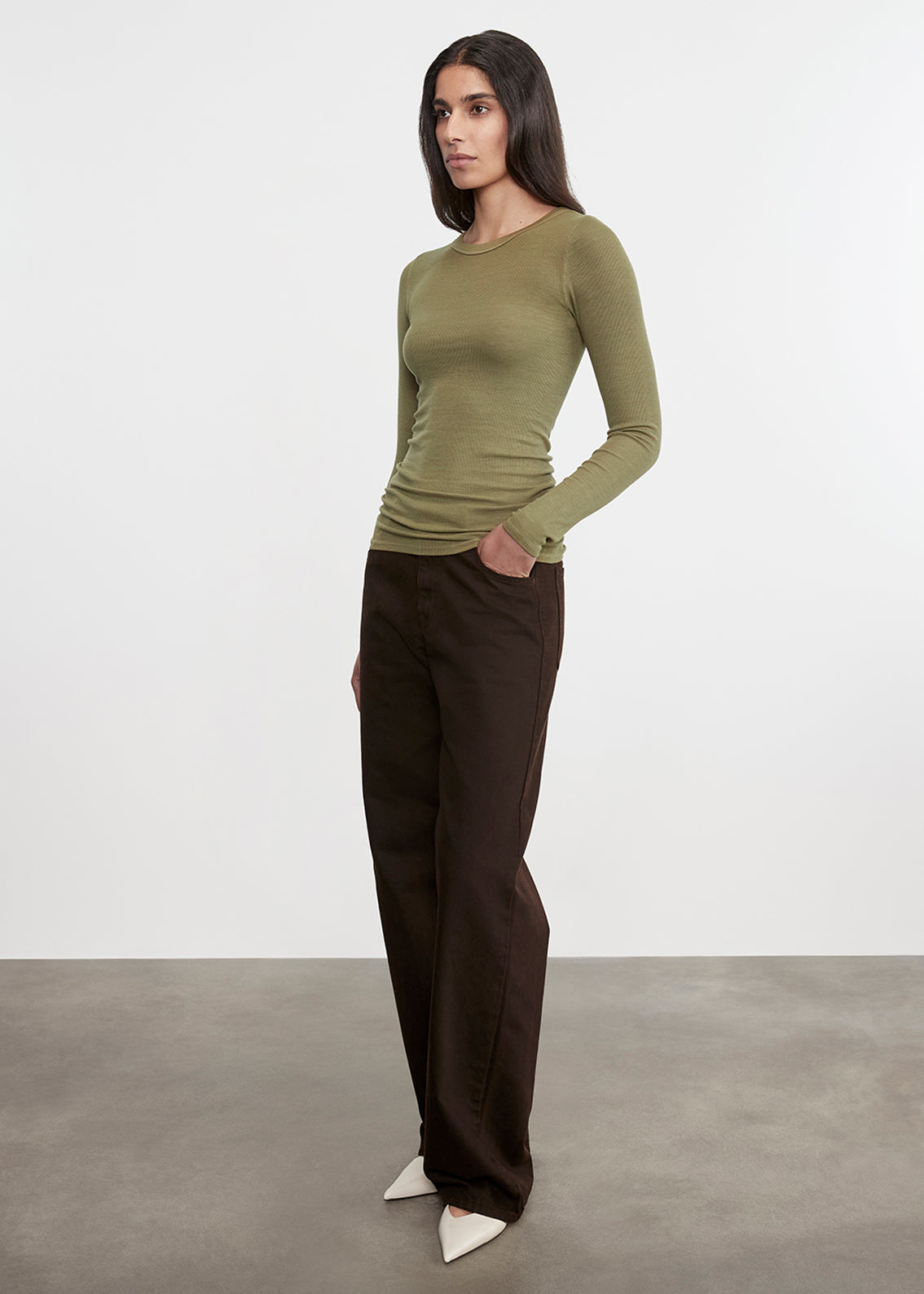 Silk Rib L/S Crew | Olive Stone
