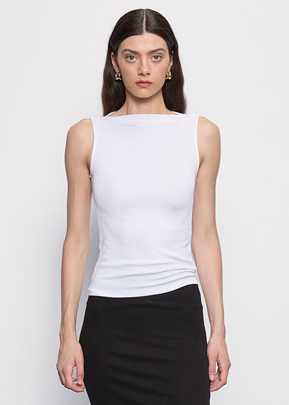 Silk Rib Sleeveless Boatneck | White