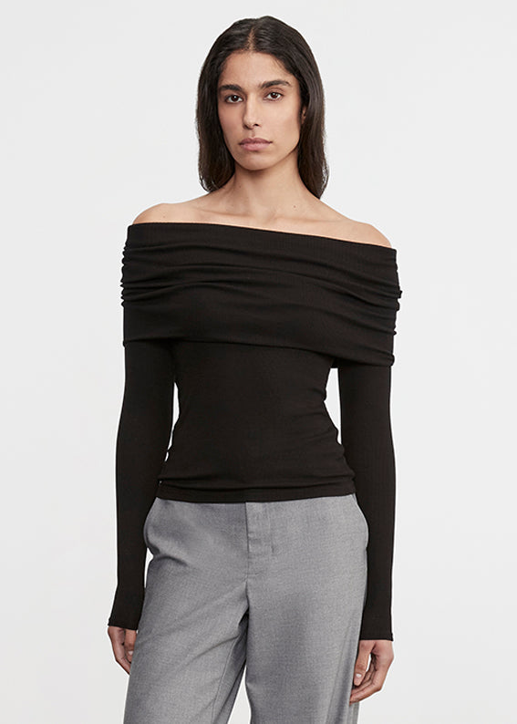 Silk Rib L/S Off-Shoulder Top | Black