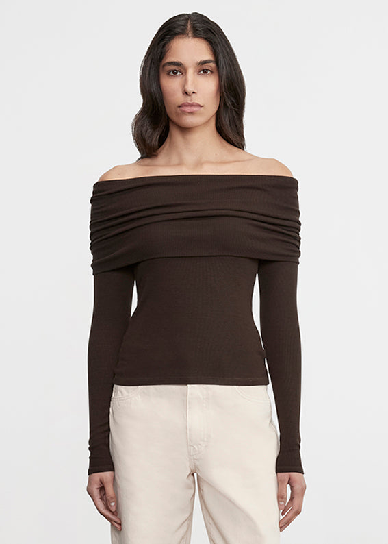 Silk Rib L/S Off-Shoulder Top | Coffee Bean