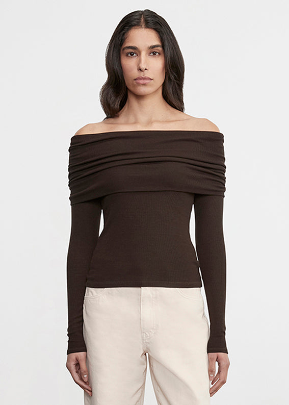 Silk Rib L/S Off-Shoulder Top | Coffee Bean