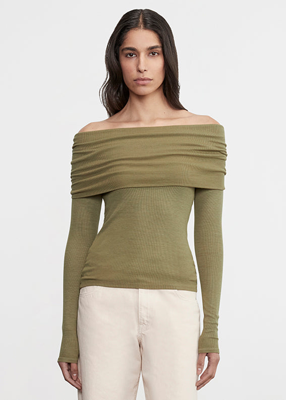 Silk Rib L/S Off-Shoulder Top | Olive Stone