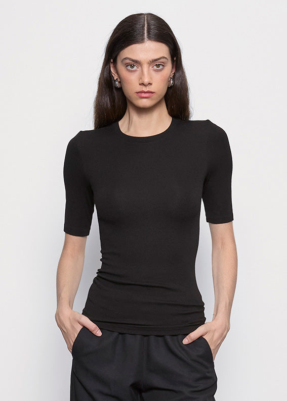 Silk Rib Fitted Half Sleeve Crew | Black