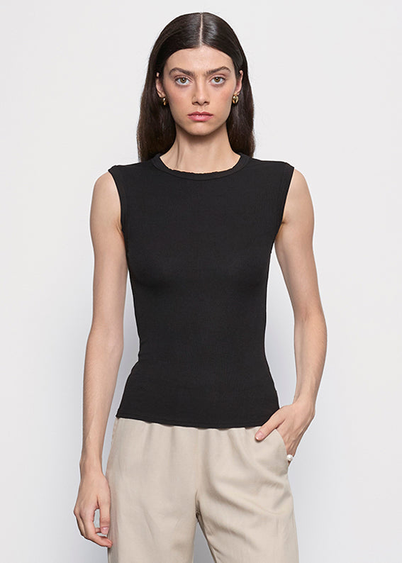 Silk Rib Sleeveless Tank | Black