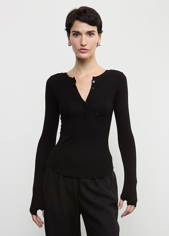 Silk Rib L/S Baseball Henley | Black