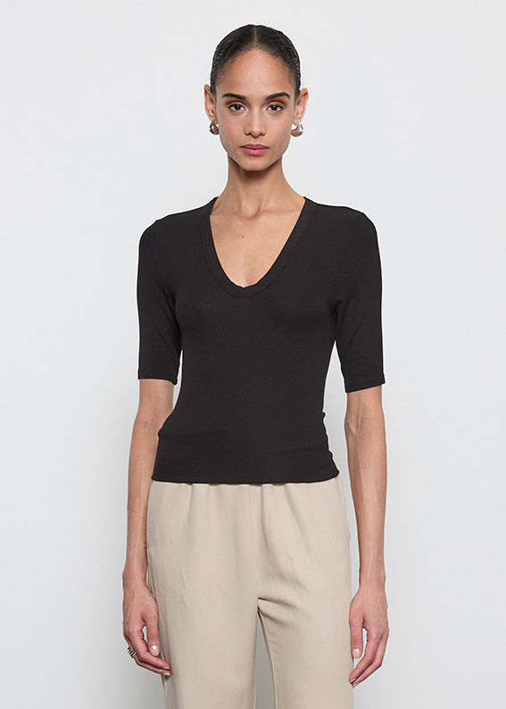 Silk Rib Half Sleeve U | Black