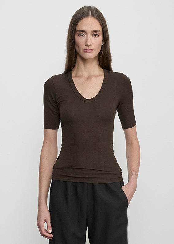 Fluid Silk Rib Half Sleeve U | Coffee Bean