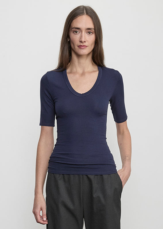 Fluid Silk Rib Half Sleeve U | Indigo