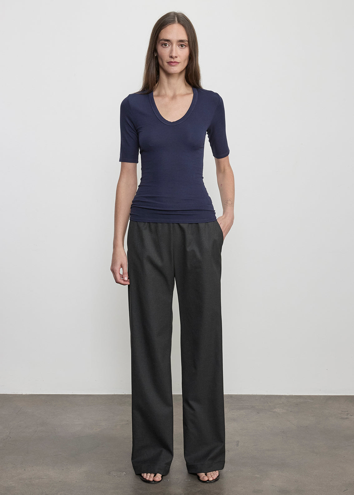 Fluid Silk Rib Half Sleeve U | Indigo