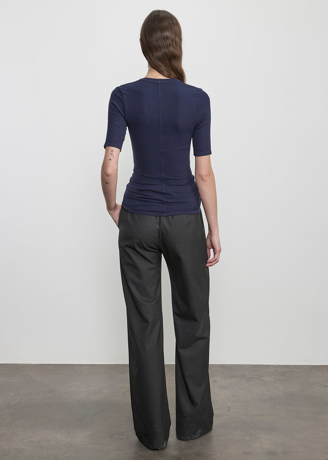 Fluid Silk Rib Half Sleeve U | Indigo