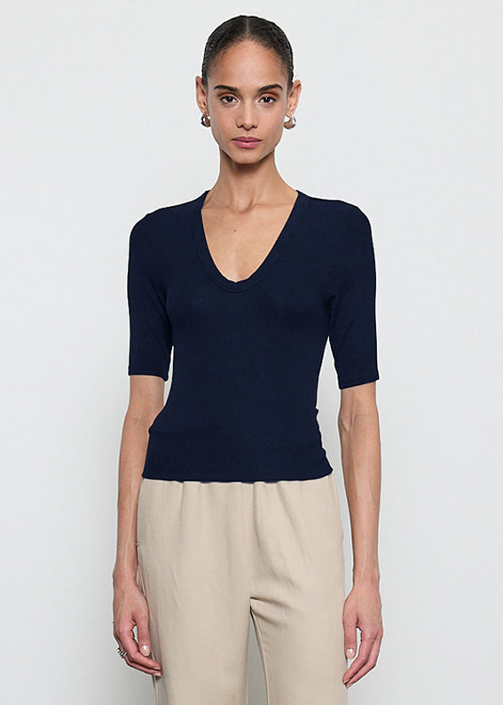 Silk Rib Half Sleeve U | Indigo