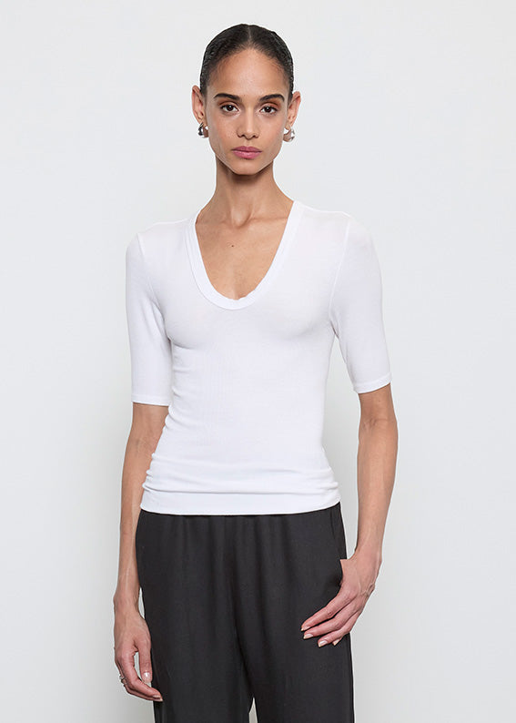 Silk Rib Half Sleeve U | White
