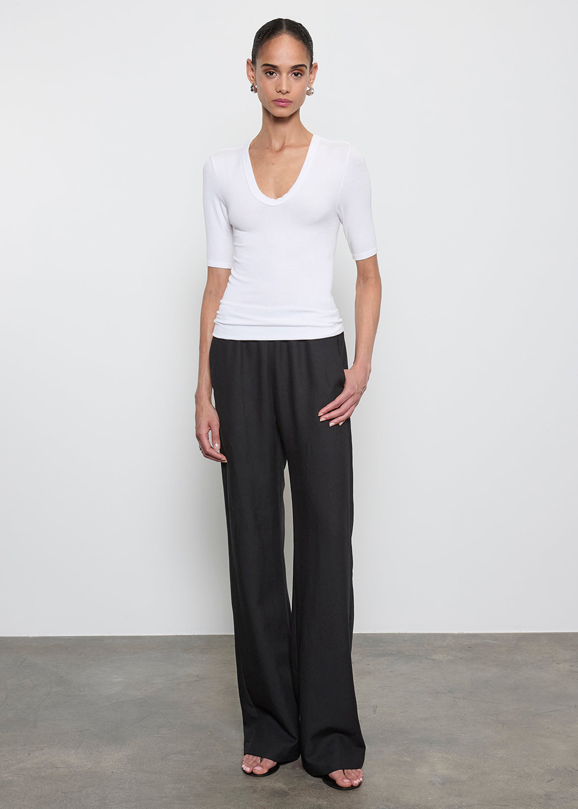 Stretch Silk Rib Half Sleeve U | White