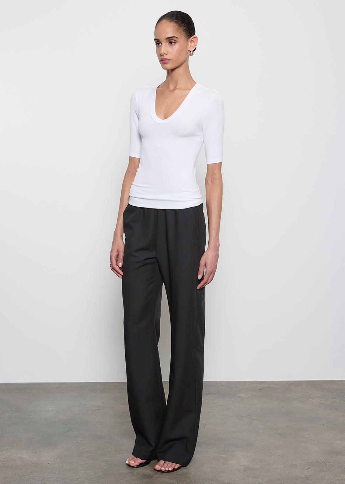 Stretch Silk Rib Half Sleeve U | White