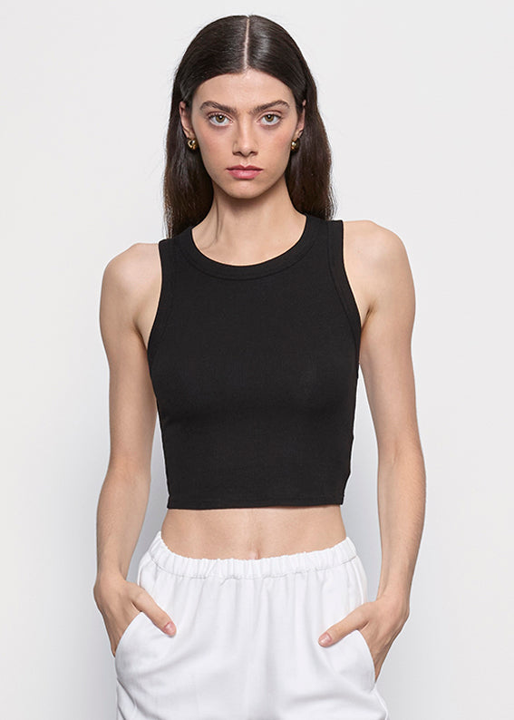 Silk Rib Cropped Tank | Black