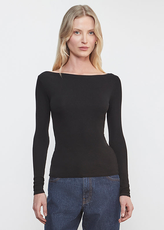 Silk Rib Boatneck Top | Black