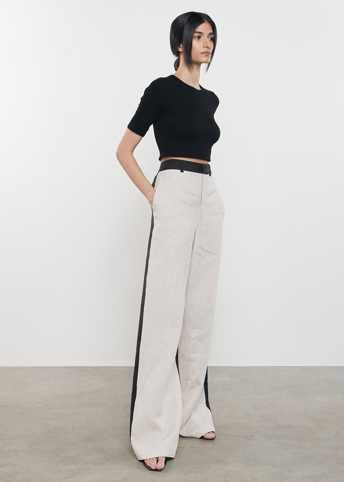 Linen Colorblock Trouser | Flax/Black