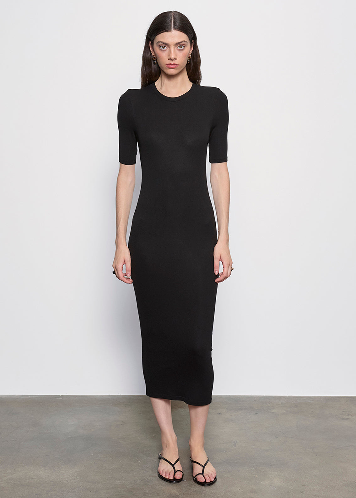 Silk Rib Half Sleeve Midi Dress | Black