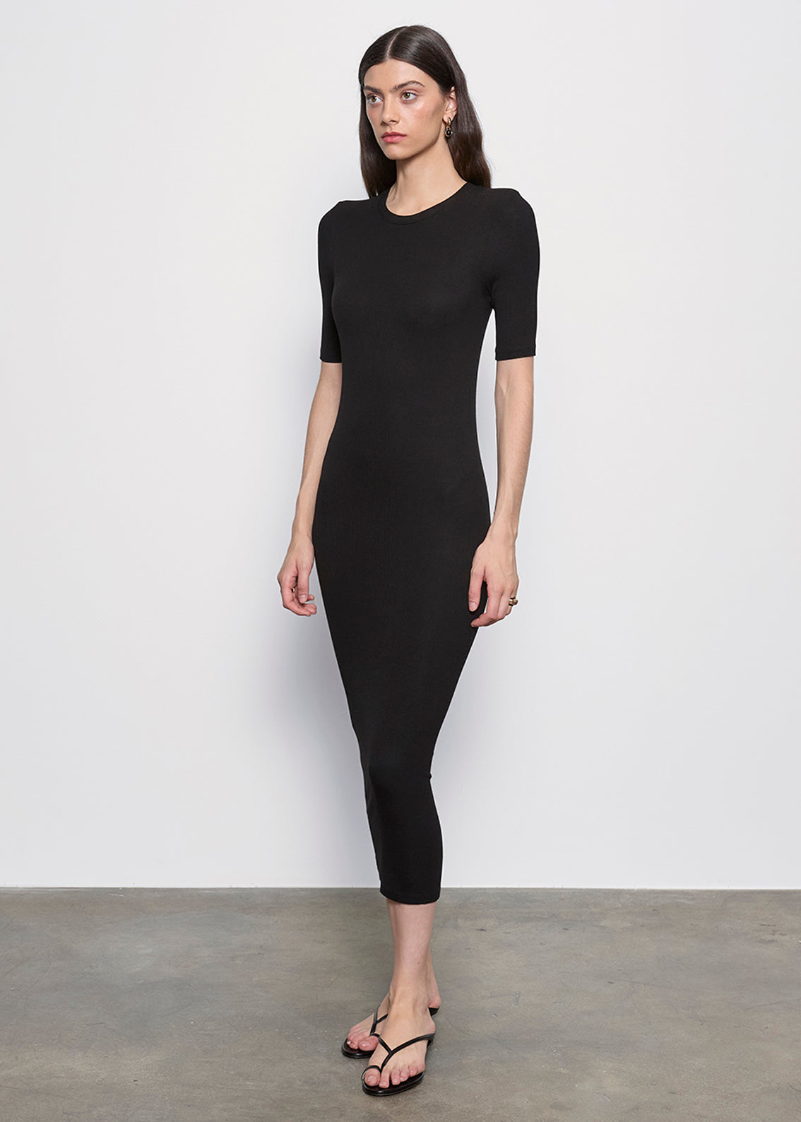 Silk Rib Half Sleeve Midi Dress | Black
