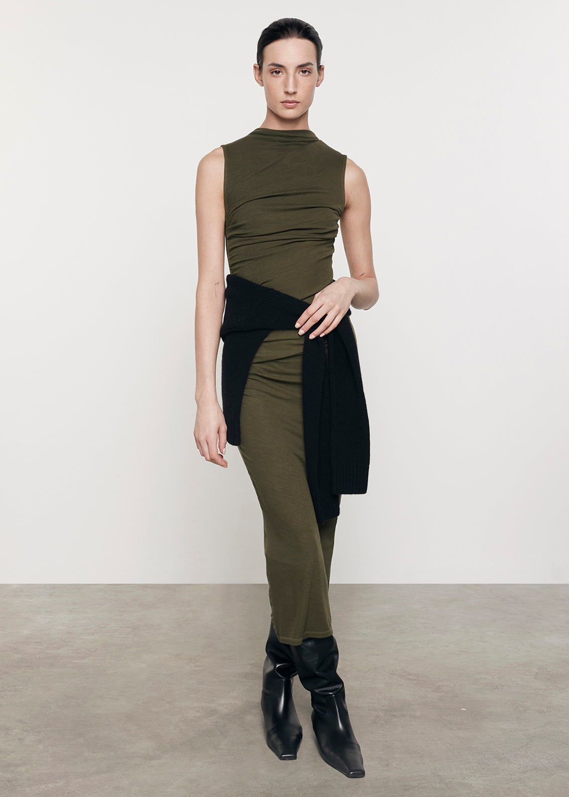 Silk Rib Sleeveless Twist Dress | Army Green