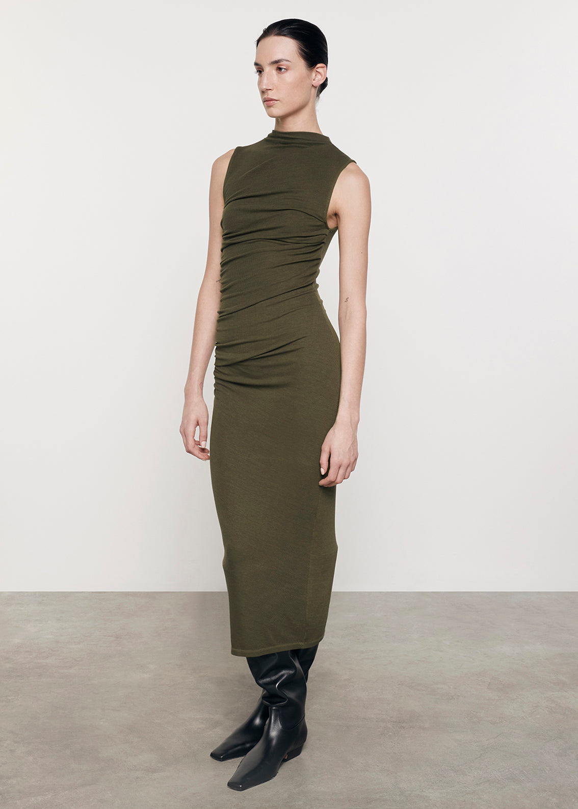 Silk Rib Sleeveless Twist Dress | Army Green