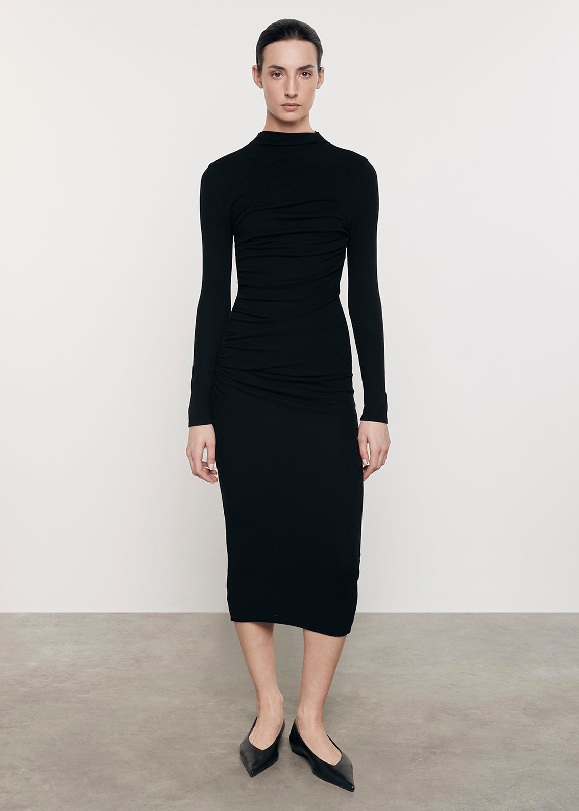 Silk Rib L/S Twist Midi Dress | Black