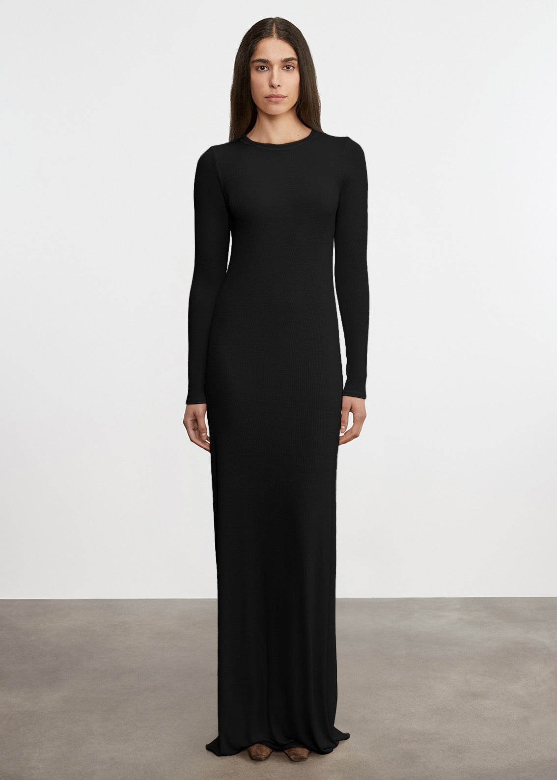 Silk Rib Crewneck Fluid Dress | Black