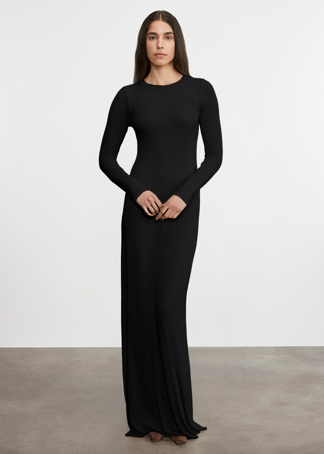 Silk Rib Crewneck Fluid Dress | Black