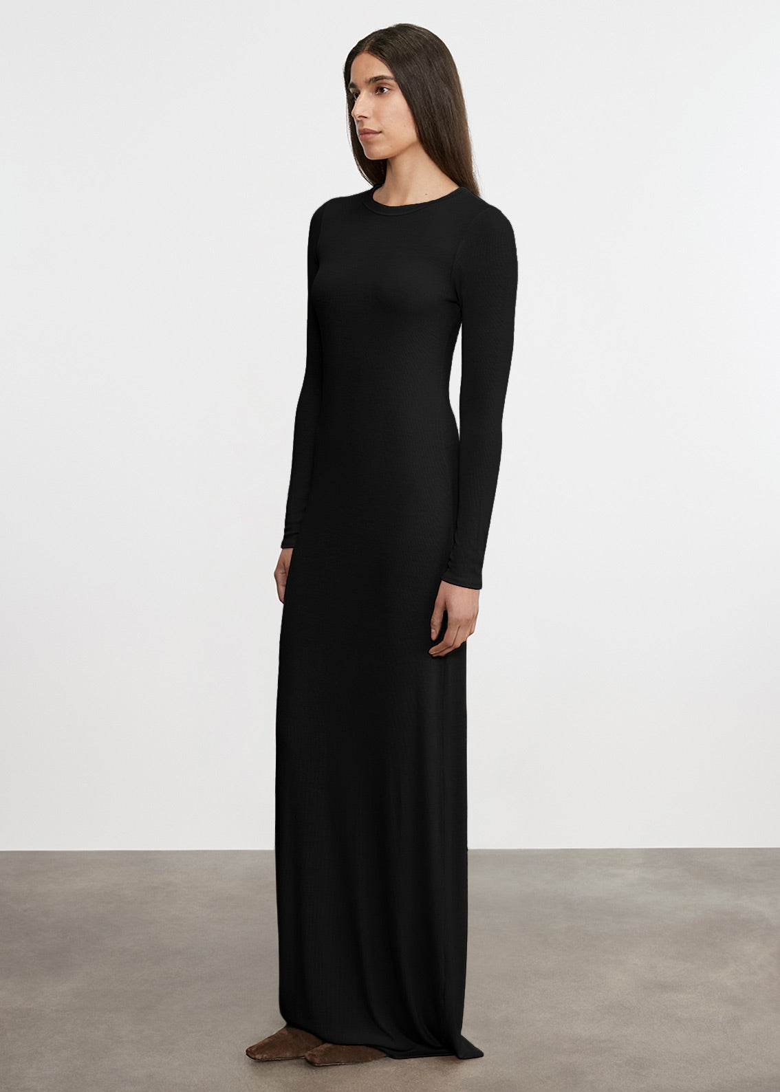 Silk Rib Crewneck Fluid Dress | Black