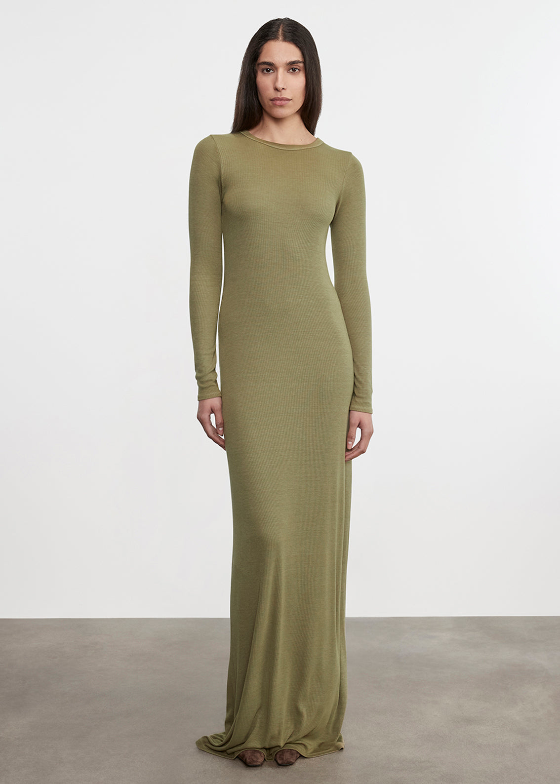 Silk Rib Crewneck Fluid Dress | Olive Stone