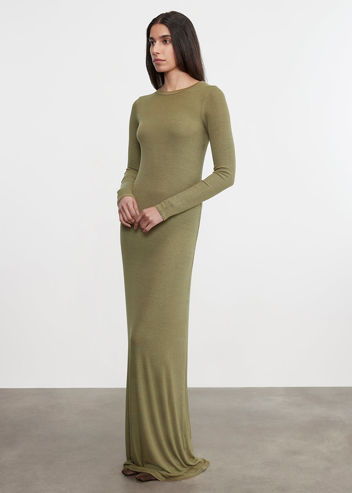 Silk Rib Crewneck Fluid Dress | Olive Stone