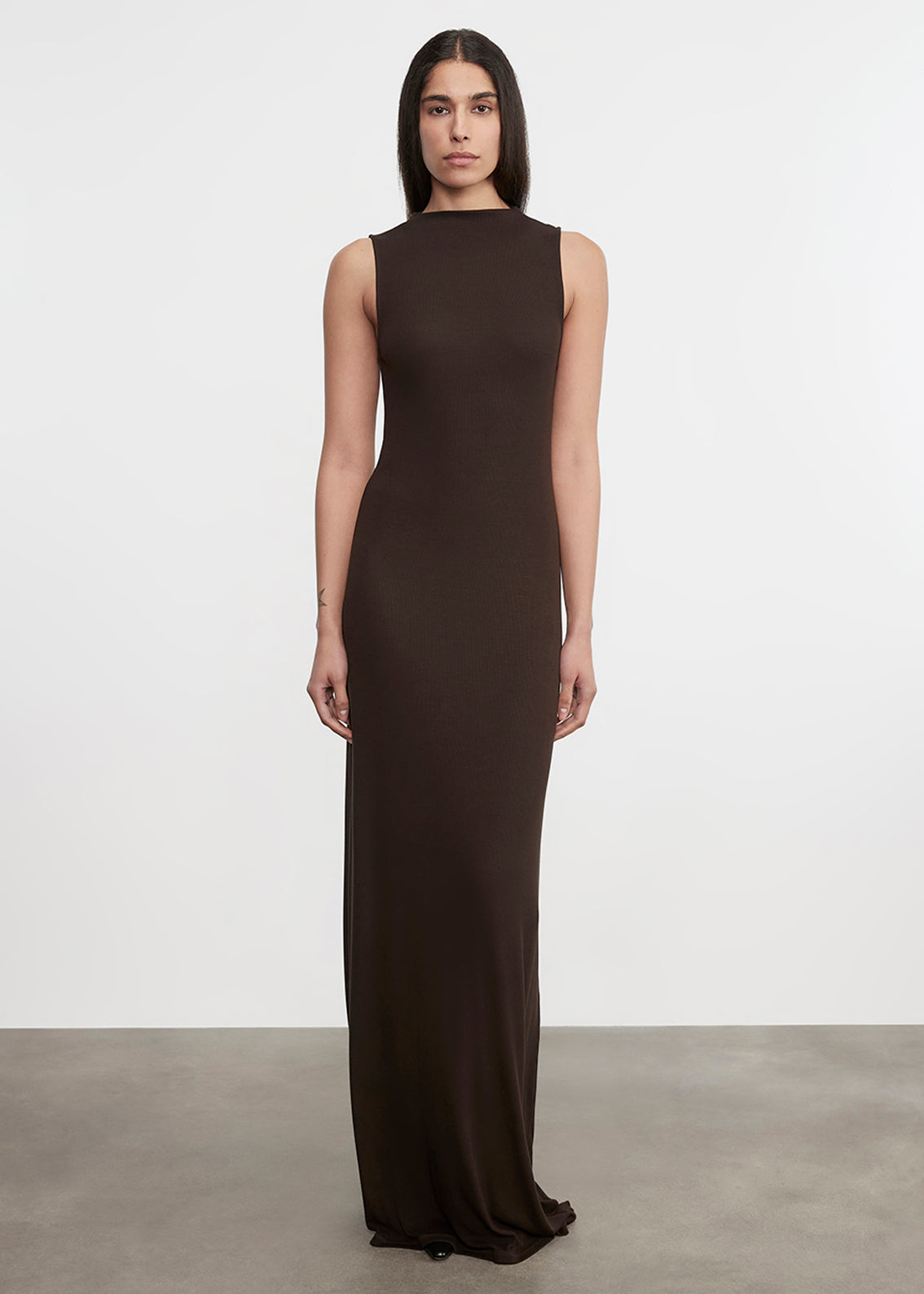 Silk Rib Mockneck Fluid Dress | Coffee Bean