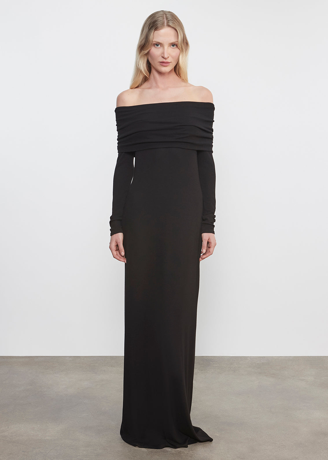 Silk Rib Off-Shoulder Fluid Dress | Black