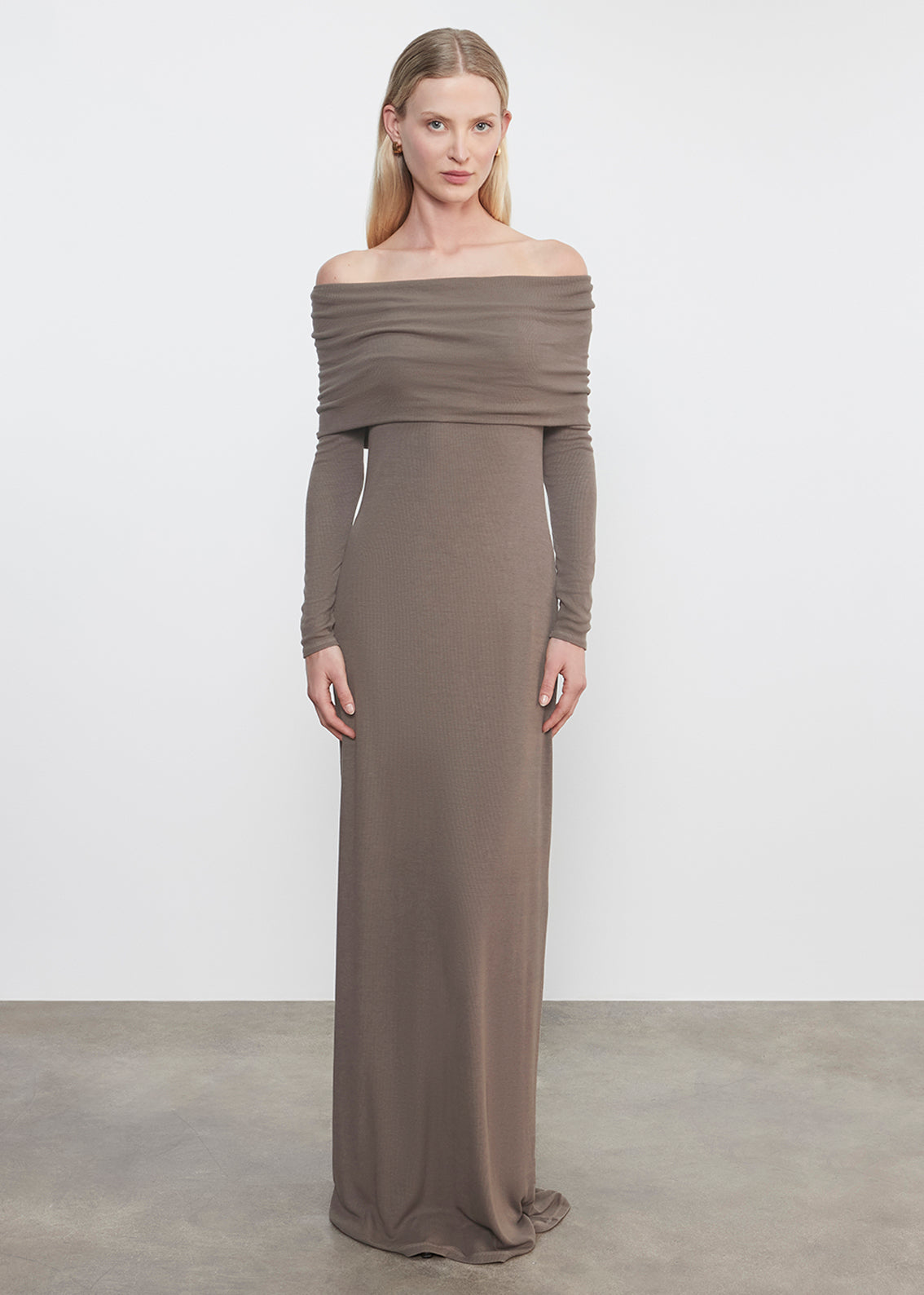 Silk Rib Off-Shoulder Fluid Dress | Mushroom