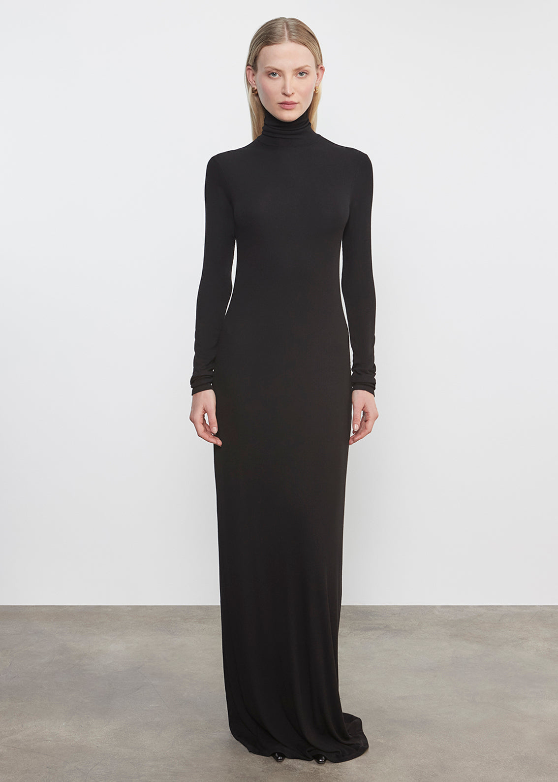 Silk Rib Fluid Turtleneck Dress | Black