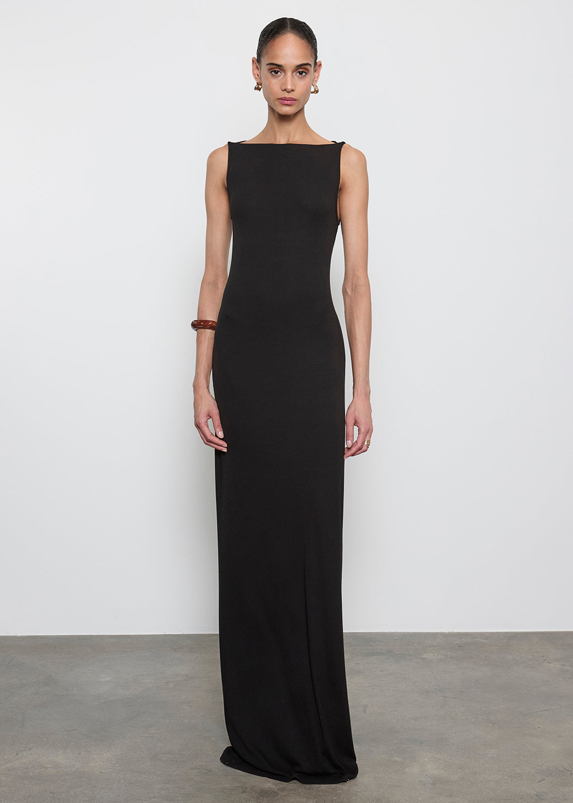 Silk Rib Sleeveless Boatneck Fluid Maxi Dress | Black