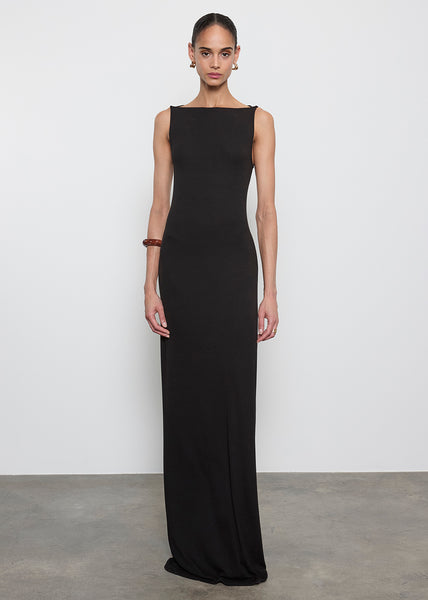 Silk Rib Sleeveless Boatneck Fluid Maxi Dress