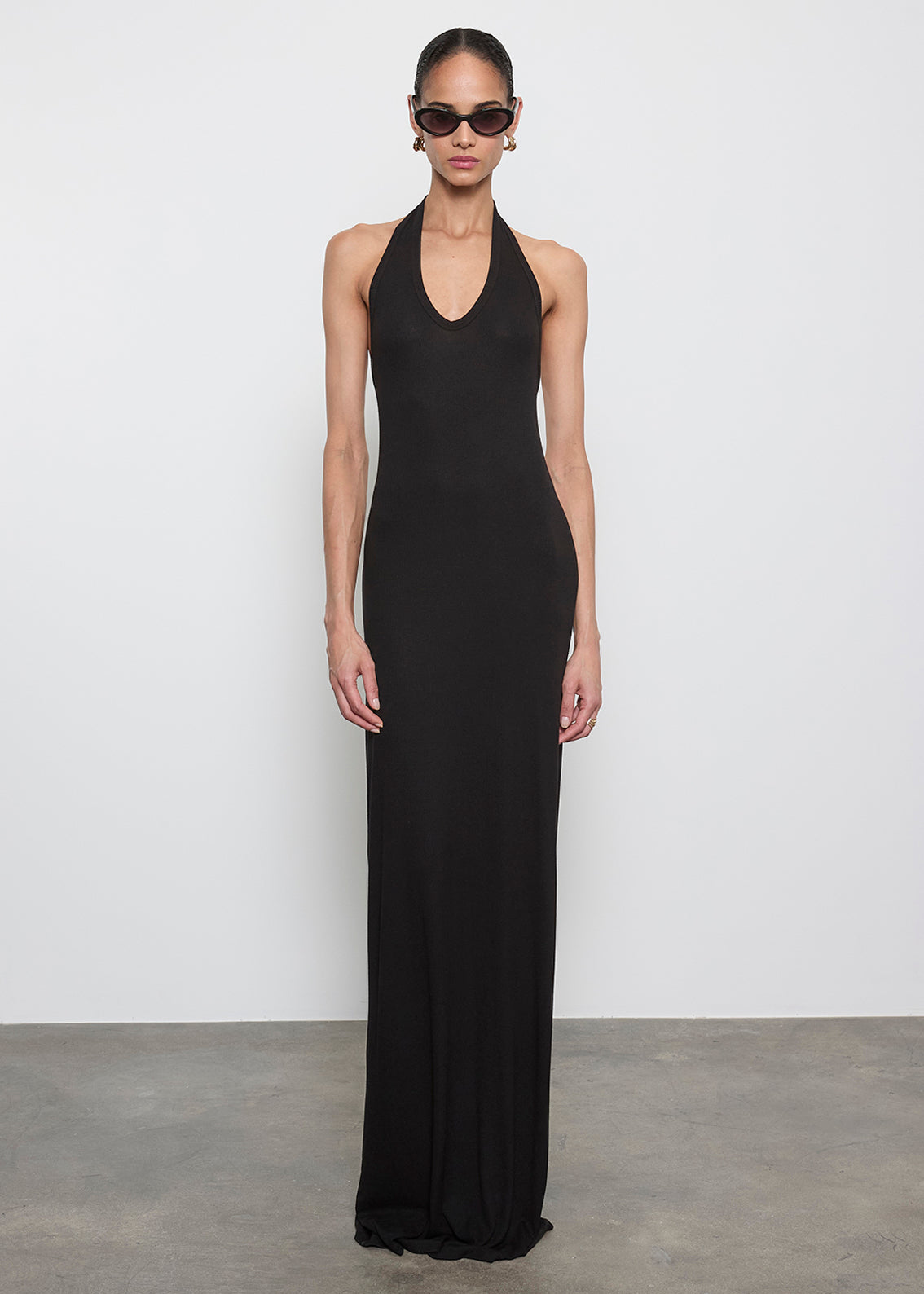Silk Rib U Halter Fluid Maxi Dress | Black
